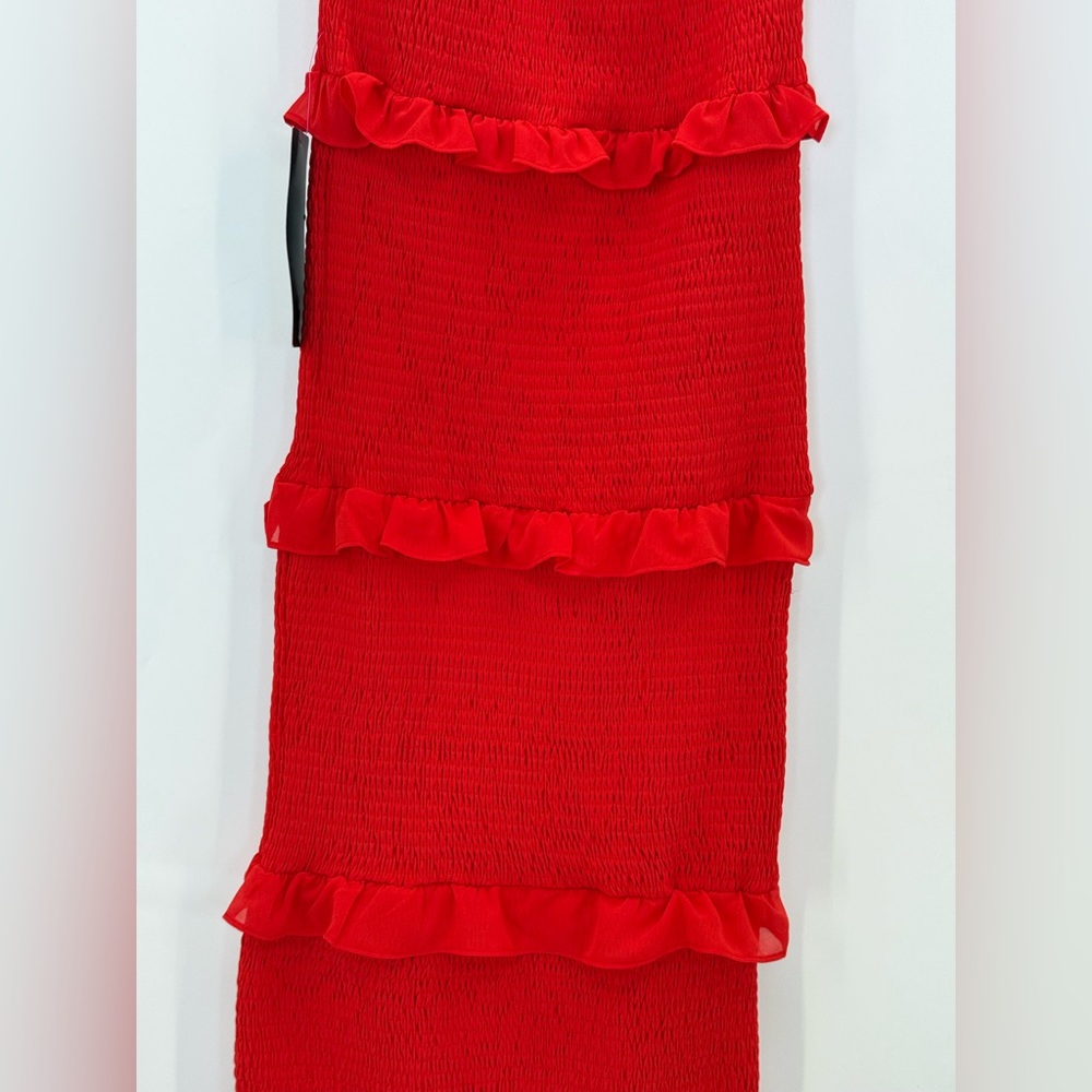 Bebe Stunning Red Smocked Midi Dress with Ruffle Tiers Bodycon Party Dress SZ M - Picture 5 of 13